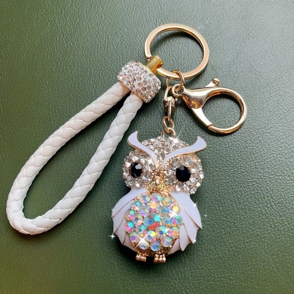 Owl Charm Keychain with Sparkling Rhinestones & White Braided Rope NEW - Picture 4 of 4